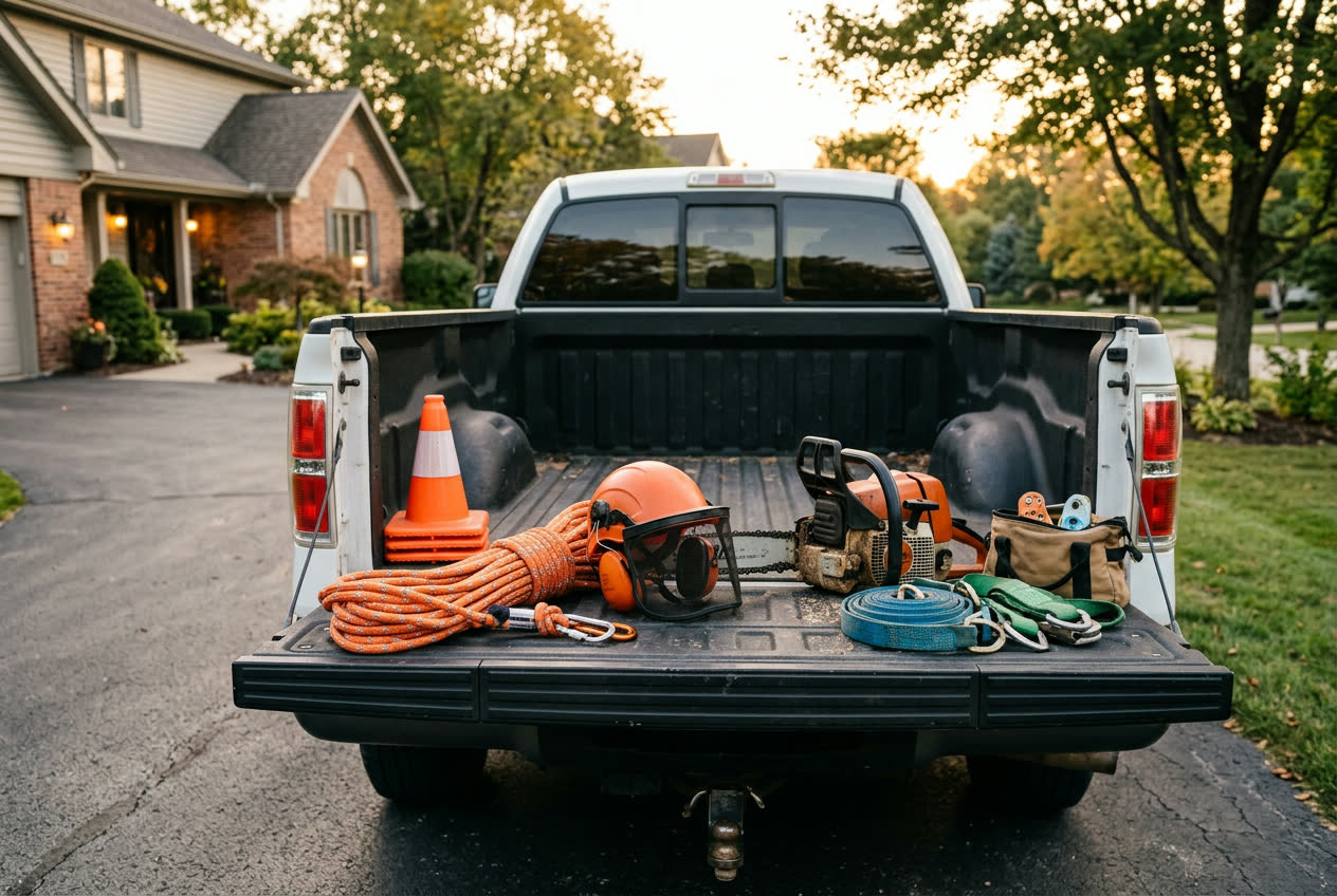 Tree service gear arranged on the tailgate of a work truck in a residential driveway
