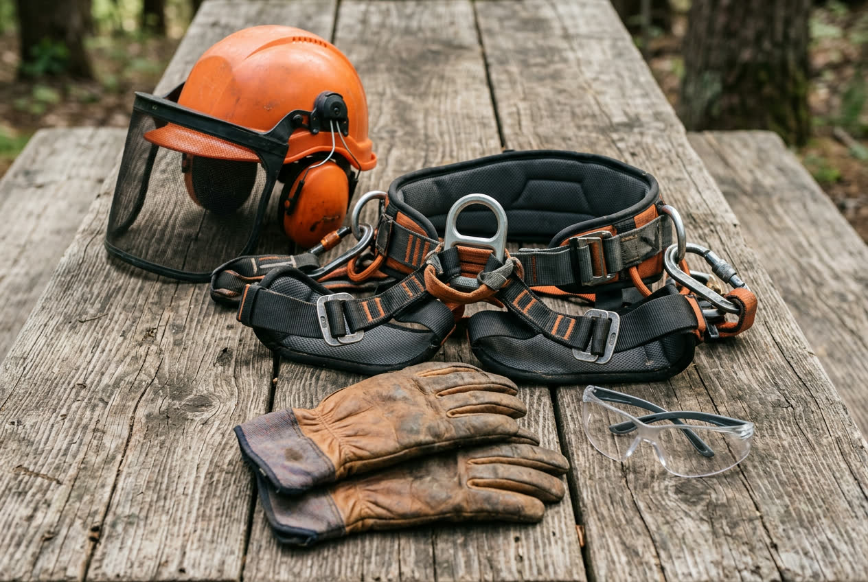 Arborist hard hat, climbing harness, gloves, and safety glasses on weathered wood