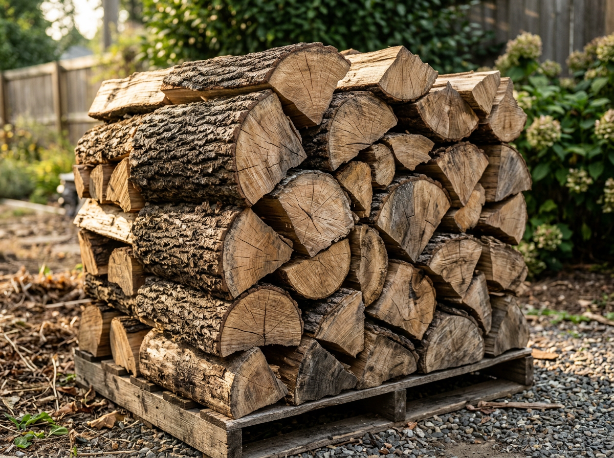 Neatly stacked premium seasoned hardwood firewood on a pallet