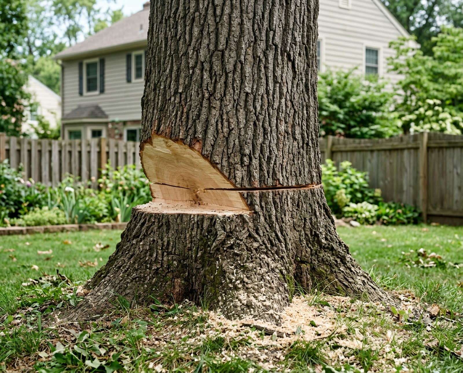 Professional chainsaw cutting into a large oak trunk in a residential yard