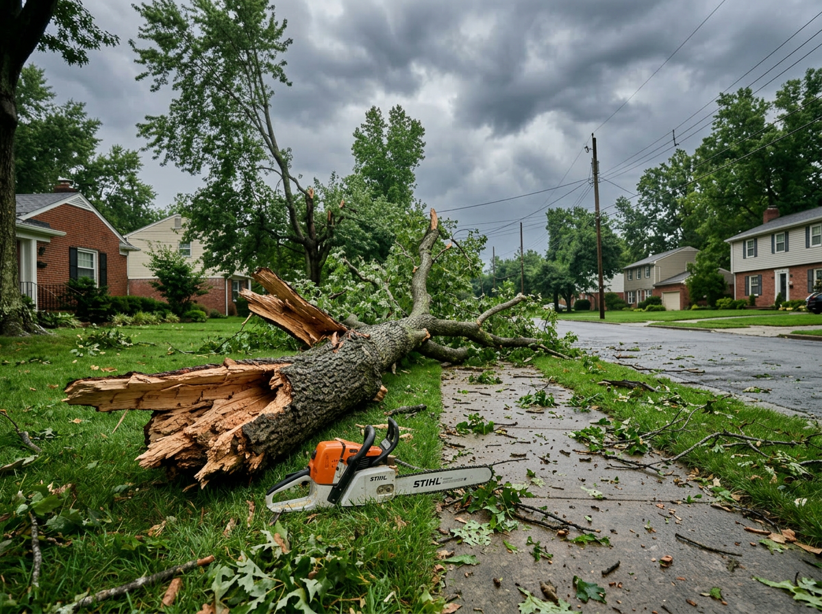 Industrial wood chipper feeding storm-damaged branches in a residential driveway