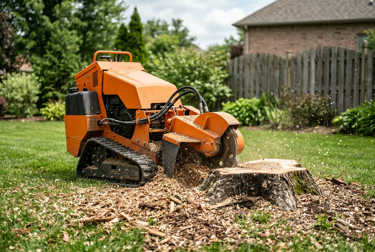 Self-propelled stump grinder reducing a tree stump in a backyard