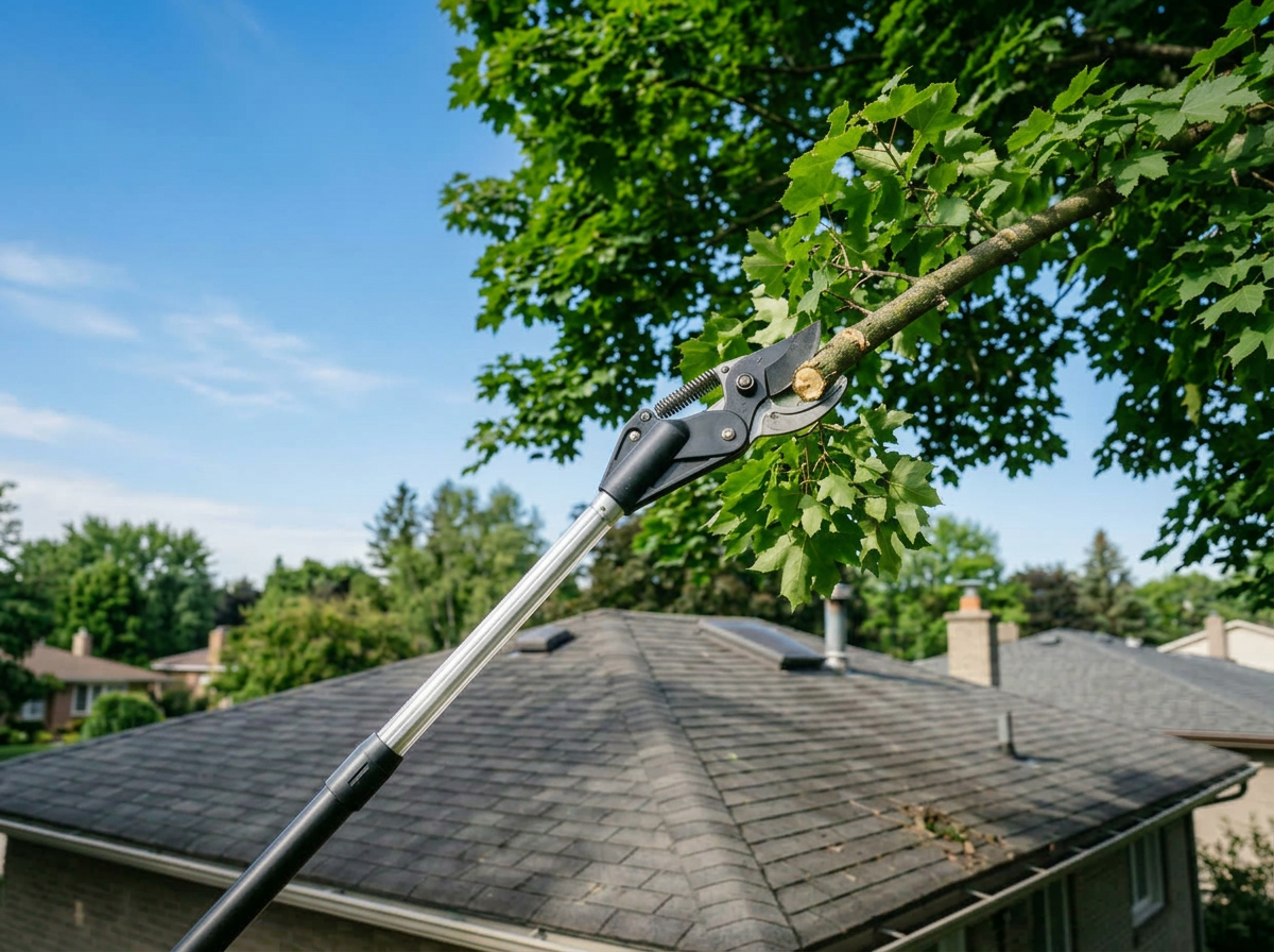 Telescoping pole pruner trimming a maple branch above a suburban home